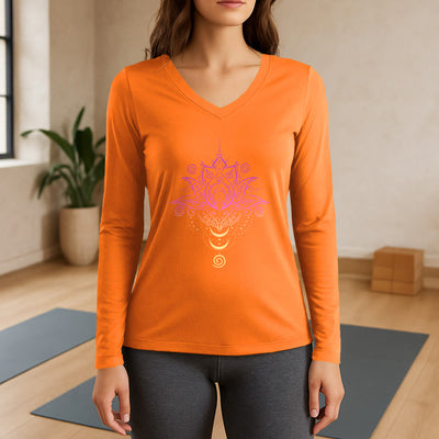 Olivenorma OM Lotusblumen-Langarm-T-Shirt mit V-Ausschnitt - Orange - 3XL - image 15