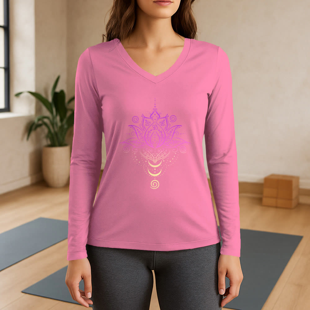 Olivenorma OM Lotusblumen-Langarm-T-Shirt mit V-Ausschnitt - Rosa - 3XL - image 13