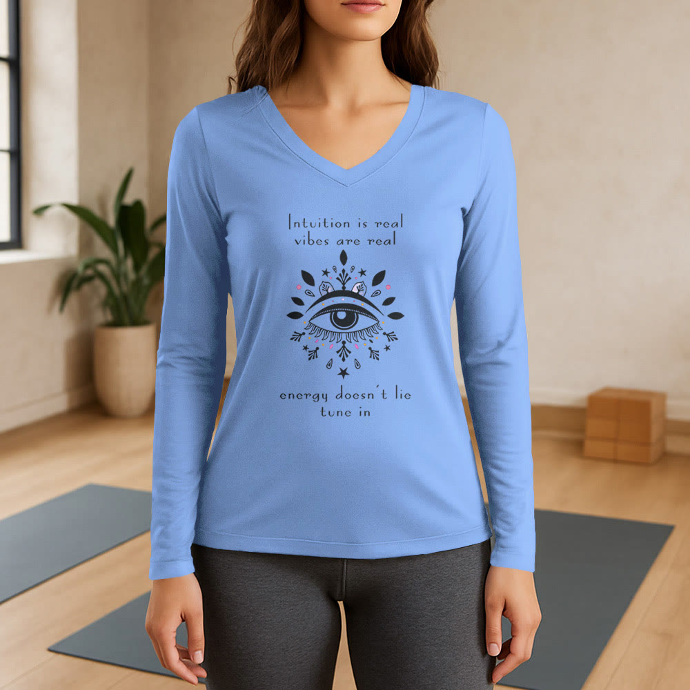 Olivenorma Intuition Evil Eye Design Langarm-T-Shirt mit V-Ausschnitt - Blau - 3XL - image 9