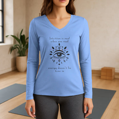 Olivenorma Intuition Evil Eye Design Langarm-T-Shirt mit V-Ausschnitt - Blau - 3XL - image 9
