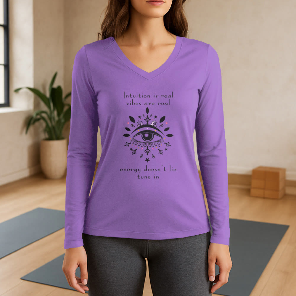 Olivenorma Intuition Evil Eye Design Langarm-T-Shirt mit V-Ausschnitt - Lila - 3XL - image 13