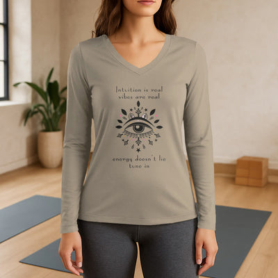 Olivenorma Intuition Evil Eye Design Langarm-T-Shirt mit V-Ausschnitt - Khaki - 3XL - image 16