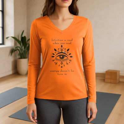Olivenorma Intuition Evil Eye Design Langarm-T-Shirt mit V-Ausschnitt - Orange - 3XL - image 14