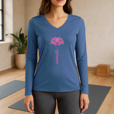 Olivenorma Namaste Lotus Yoga Langarm-T-Shirt mit V-Ausschnitt - Blau - 3XL - image 12