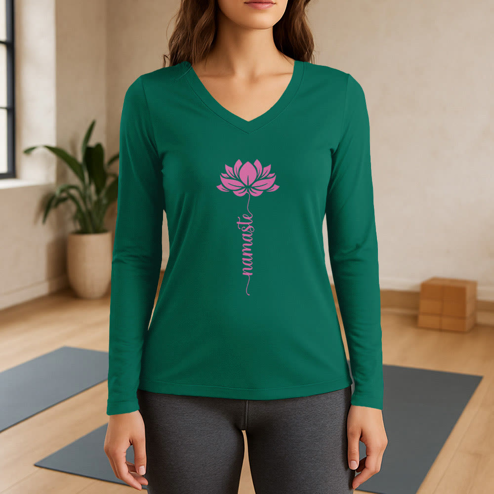 Olivenorma Namaste Lotus Yoga Langarm-T-Shirt mit V-Ausschnitt - Grün - 3XL - image 11