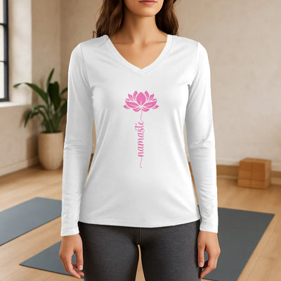 Olivenorma Namaste Lotus Yoga Langarm-T-Shirt mit V-Ausschnitt - Weiß - 3XL - image 0