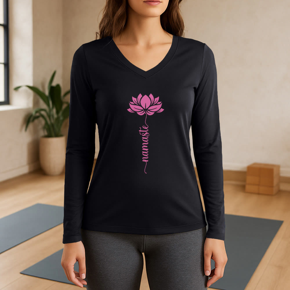 Olivenorma Namaste Lotus Yoga Langarm-T-Shirt mit V-Ausschnitt - Schwarz - 3XL - image 7