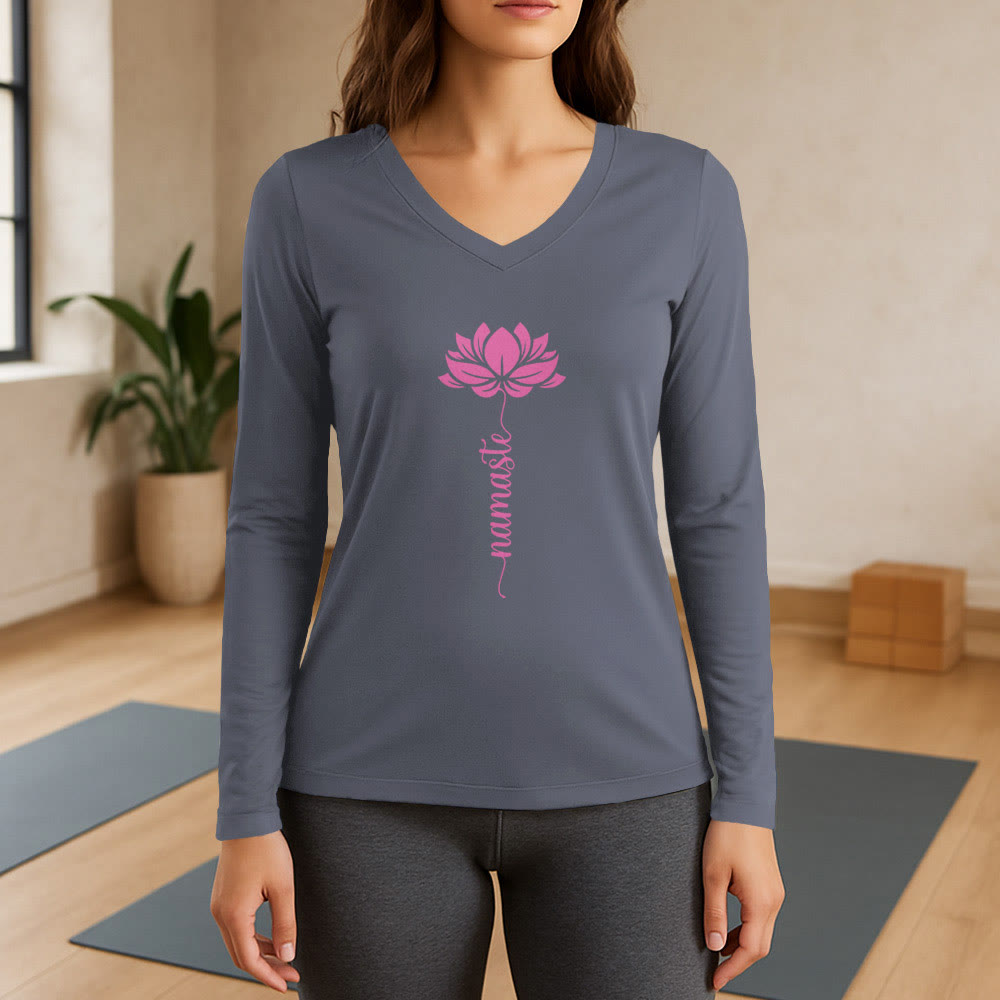 Olivenorma Namaste Lotus Yoga Langarm-T-Shirt mit V-Ausschnitt - Grau - 3XL - image 16
