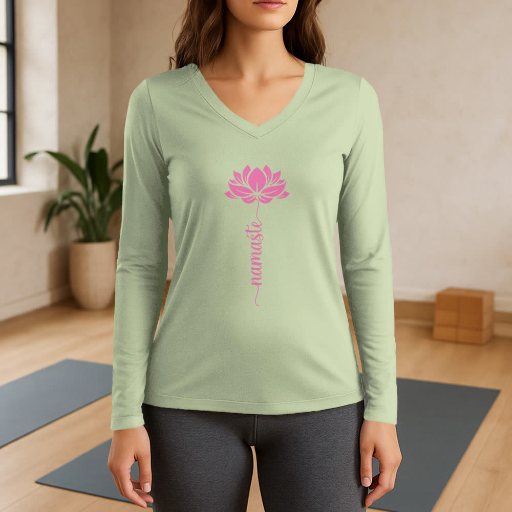 Olivenorma Namaste Lotus Yoga Langarm-T-Shirt mit V-Ausschnitt - Hellgrün - 3XL - image 9