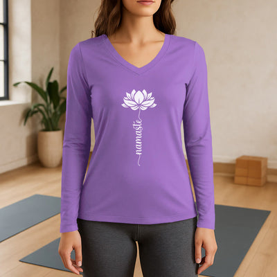Olivenorma Namaste Lotus Yoga Langarm-T-Shirt mit V-Ausschnitt - Lila - 3XL - image 14