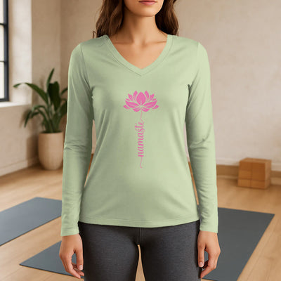 Olivenorma Namaste Lotus Yoga Langarm-T-Shirt mit V-Ausschnitt - Hellgrün - 3XL - image 9