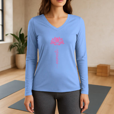 Olivenorma Namaste Lotus Yoga Langarm-T-Shirt mit V-Ausschnitt - Hellblau - 3XL - image 10