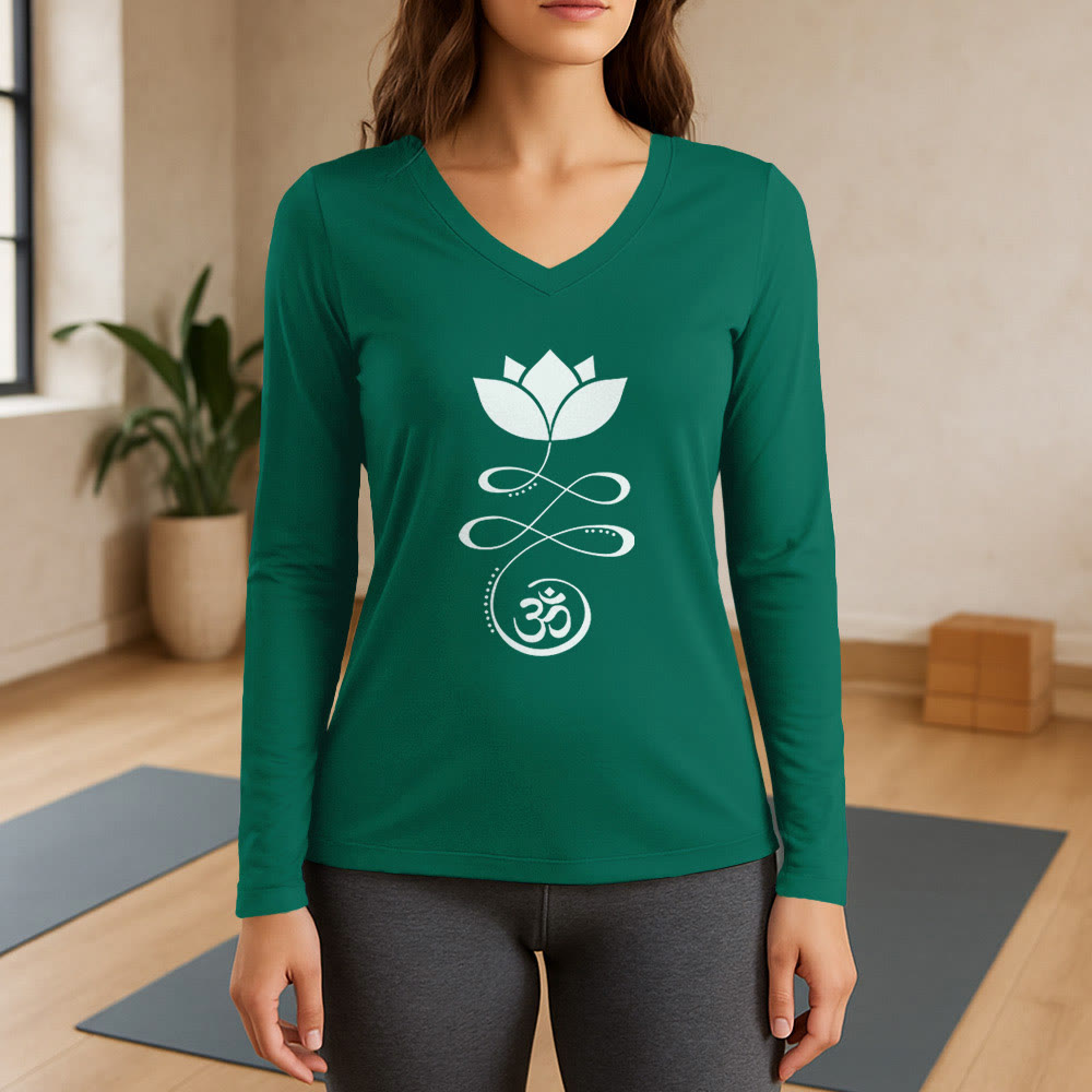 Olivenorma Yoga Lotusblume Om Symbol Langarm-T-Shirt mit V-Ausschnitt - Grün - 3XL - image 12