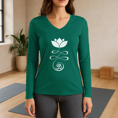 Olivenorma Yoga Lotusblume Om Symbol Langarm-T-Shirt mit V-Ausschnitt - Grün - 3XL - image 12