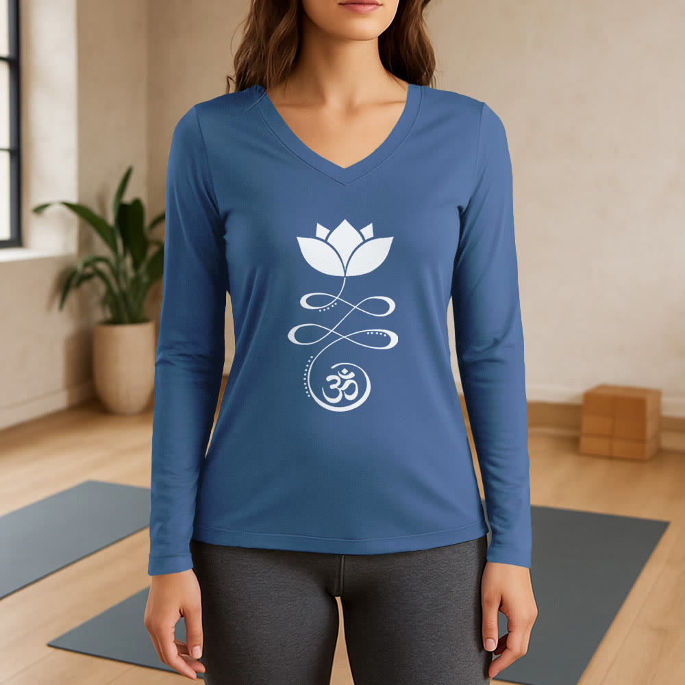 Olivenorma Yoga Lotusblume Om Symbol Langarm-T-Shirt mit V-Ausschnitt - Blau - 3XL - image 0