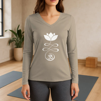 Olivenorma Yoga Lotusblume Om Symbol Langarm-T-Shirt mit V-Ausschnitt - Khaki - 3XL - image 17