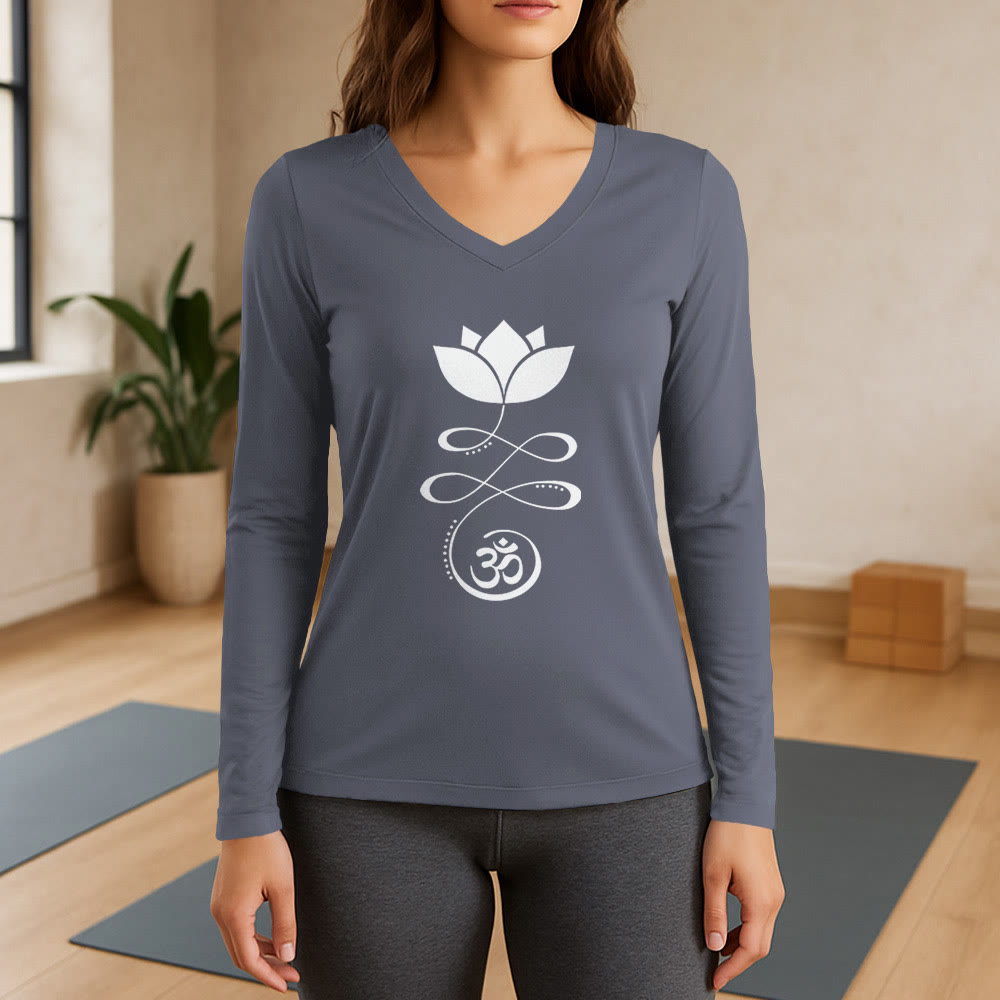 Olivenorma Yoga Lotusblume Om Symbol Langarm-T-Shirt mit V-Ausschnitt - Grau - 3XL - image 16