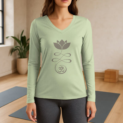 Olivenorma Yoga Lotusblume Om Symbol Langarm-T-Shirt mit V-Ausschnitt - Hellgrün - 3XL - image 10