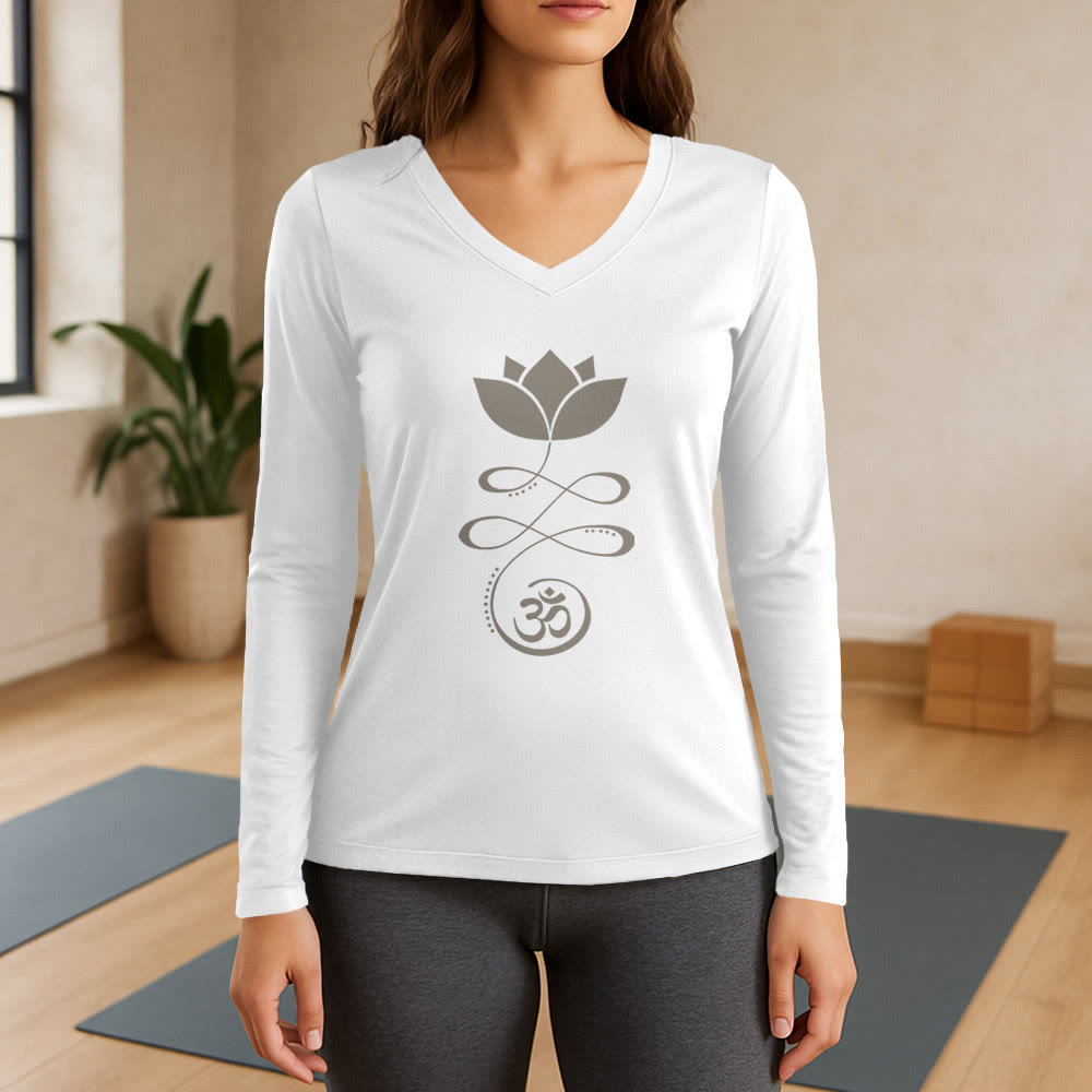 Olivenorma Yoga Lotusblume Om Symbol Langarm-T-Shirt mit V-Ausschnitt - Weiß - 3XL - image 7