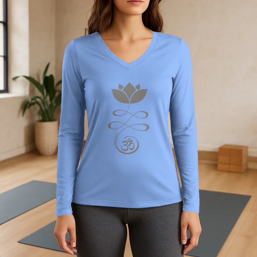 Olivenorma Yoga Lotusblume Om Symbol Langarm-T-Shirt mit V-Ausschnitt - Hellblau - 3XL - image 11