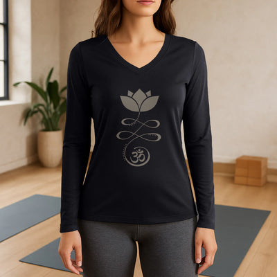 Olivenorma Yoga Lotusblume Om Symbol Langarm-T-Shirt mit V-Ausschnitt - Schwarz - 3XL - image 9