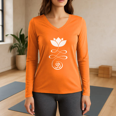Olivenorma Yoga Lotusblume Om Symbol Langarm-T-Shirt mit V-Ausschnitt - Orange - 3XL - image 15