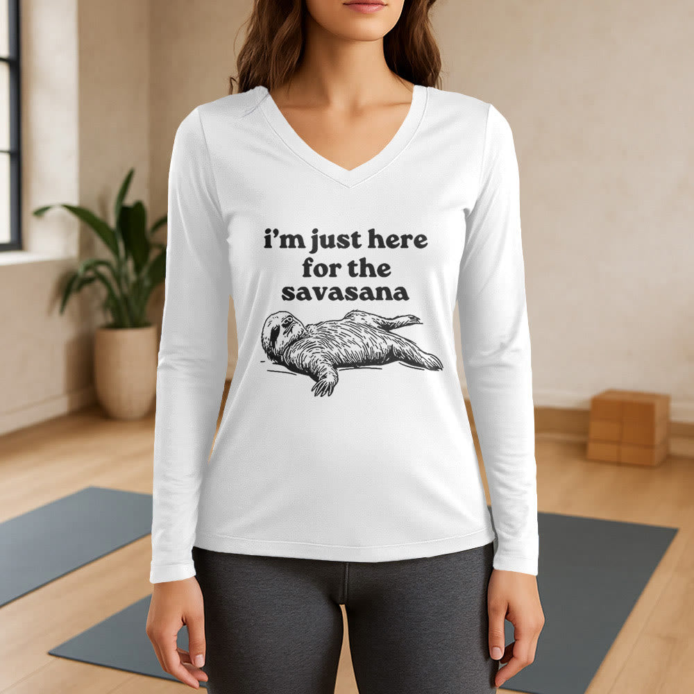 Olivenorma Ich bin nur wegen Savasana hier Langarm-V-Ausschnitt-T-Shirt - Weiß - 3XL - image 7
