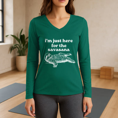 Olivenorma Ich bin nur wegen Savasana hier Langarm-V-Ausschnitt-T-Shirt - Grün - 3XL - image 12