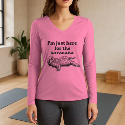 Olivenorma Ich bin nur wegen Savasana hier Langarm-V-Ausschnitt-T-Shirt - Rosa - 3XL - image 1
