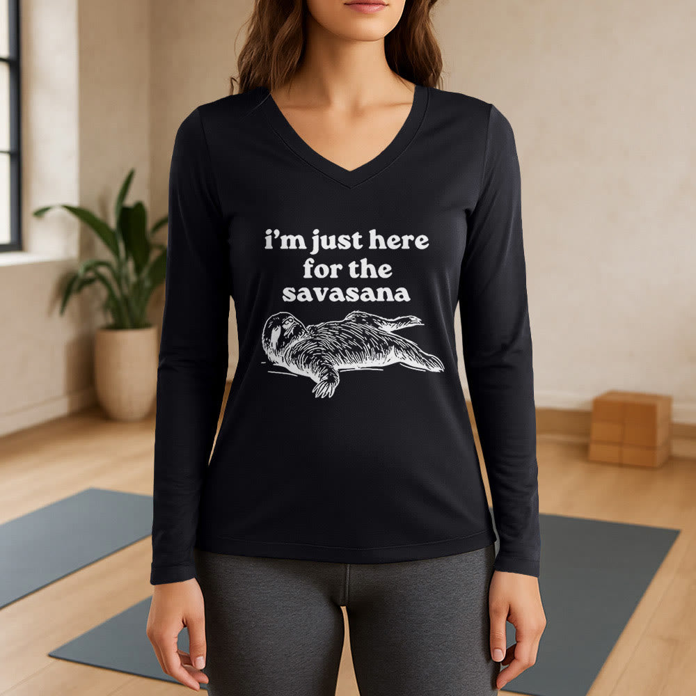Olivenorma Ich bin nur wegen Savasana hier Langarm-V-Ausschnitt-T-Shirt - Schwarz - 3XL - image 9