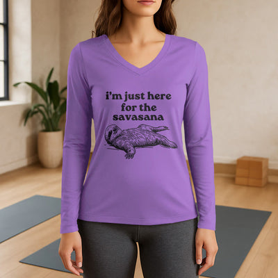 Olivenorma Ich bin nur wegen Savasana hier Langarm-V-Ausschnitt-T-Shirt - Lila - 3XL - image 14