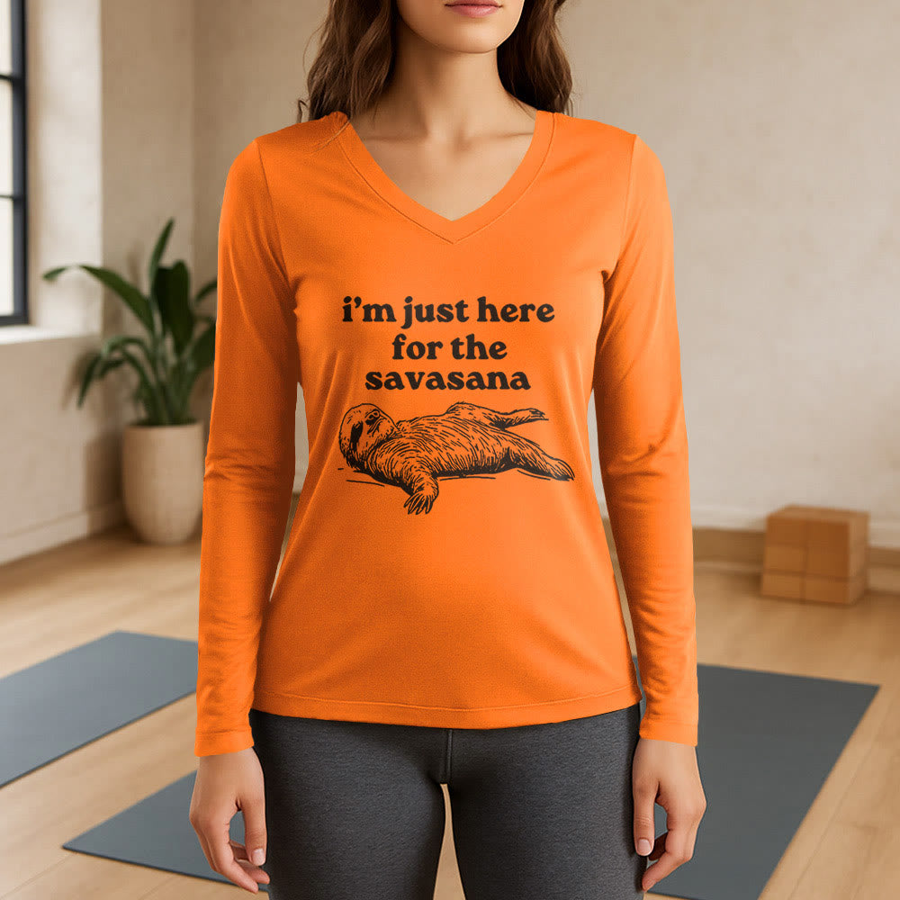 Olivenorma Ich bin nur wegen Savasana hier Langarm-V-Ausschnitt-T-Shirt - Orange - 3XL - image 15