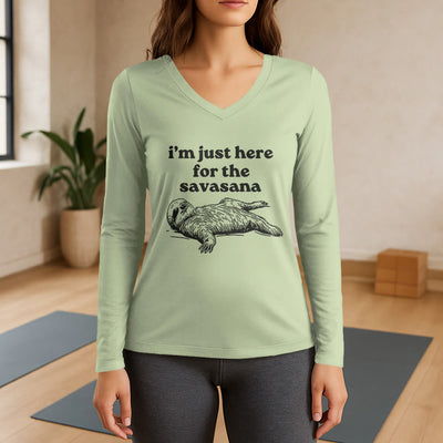Olivenorma Ich bin nur wegen Savasana hier Langarm-V-Ausschnitt-T-Shirt - Hellgrün - 3XL - image 10