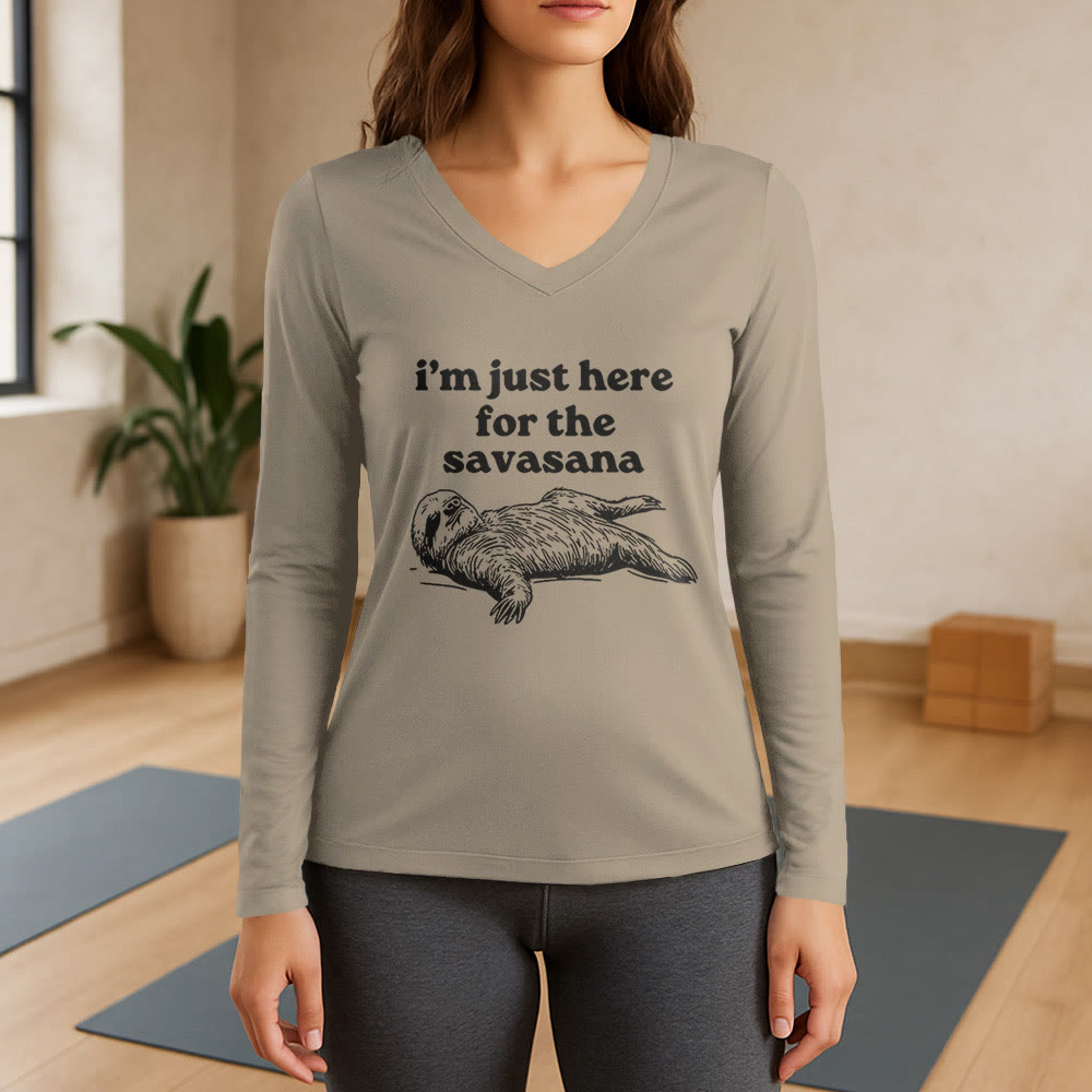 Olivenorma Ich bin nur wegen Savasana hier Langarm-V-Ausschnitt-T-Shirt - Khaki - 3XL - image 17