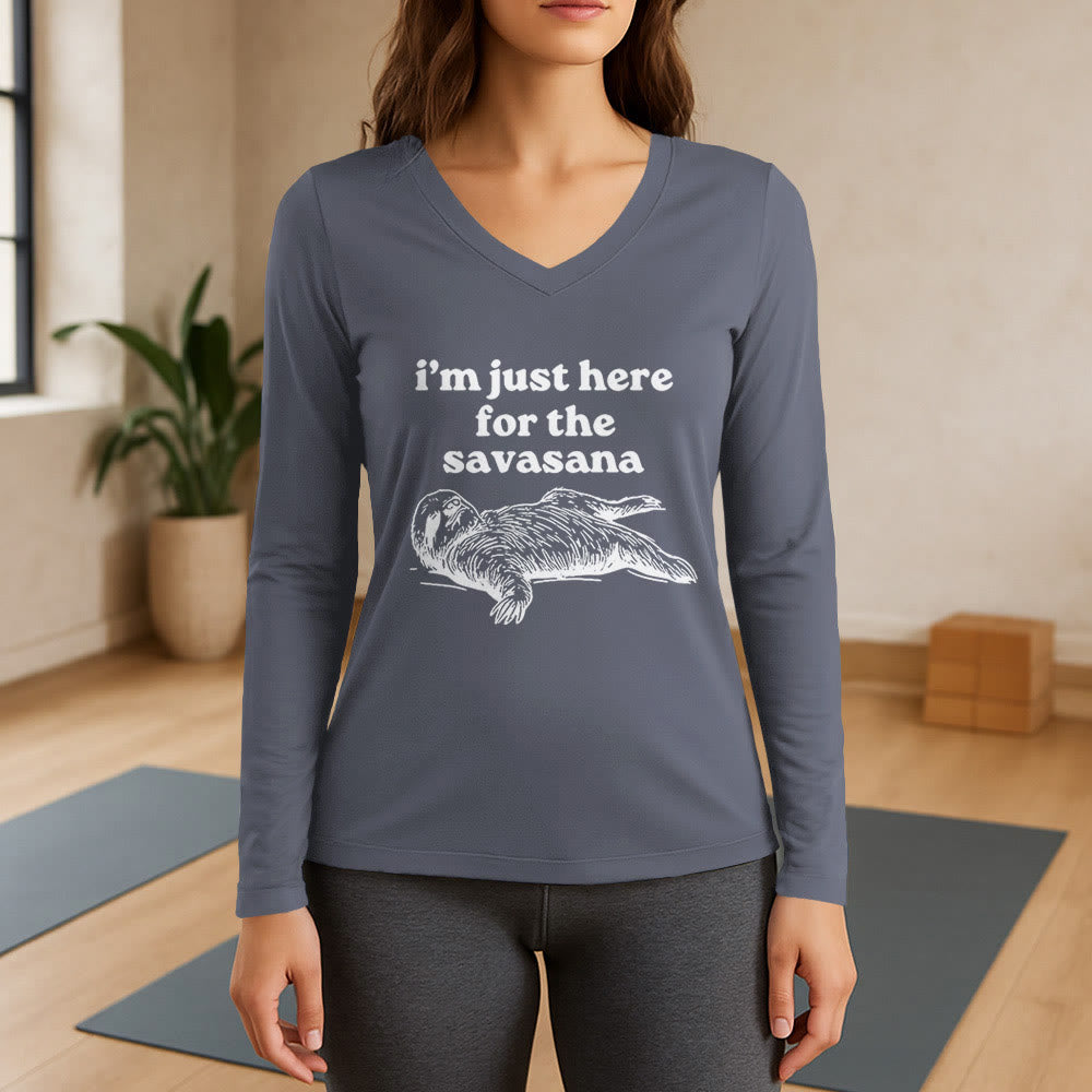 Olivenorma Ich bin nur wegen Savasana hier Langarm-V-Ausschnitt-T-Shirt - Grau - 3XL - image 16