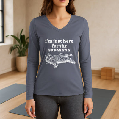 Olivenorma Ich bin nur wegen Savasana hier Langarm-V-Ausschnitt-T-Shirt - Grau - 3XL - image 16