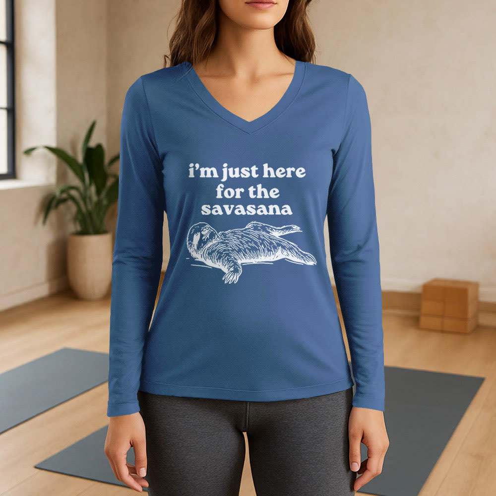 Olivenorma Ich bin nur wegen Savasana hier Langarm-V-Ausschnitt-T-Shirt - Blau - 3XL - image 13