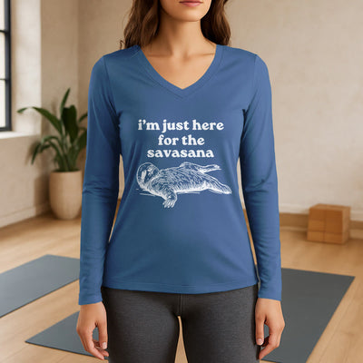 Olivenorma Ich bin nur wegen Savasana hier Langarm-V-Ausschnitt-T-Shirt - Blau - 3XL - image 13