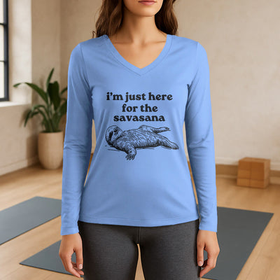Olivenorma Ich bin nur wegen Savasana hier Langarm-V-Ausschnitt-T-Shirt - Hellblau - 3XL - image 11