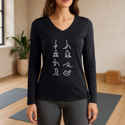Olivenorma Yoga Meditation Moves Langarm-T-Shirt mit V-Ausschnitt - Schwarz - 3XL - image 0