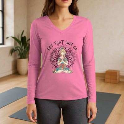Olivenorma „Let That Shit Go“ Yoga-Meditations-Langarm-T-Shirt mit V-Ausschnitt - Rosa - 3XL - image 13