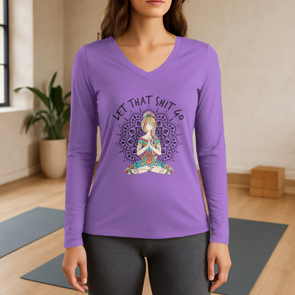 Olivenorma „Let That Shit Go“ Yoga-Meditations-Langarm-T-Shirt mit V-Ausschnitt - Lila - 3XL - image 14