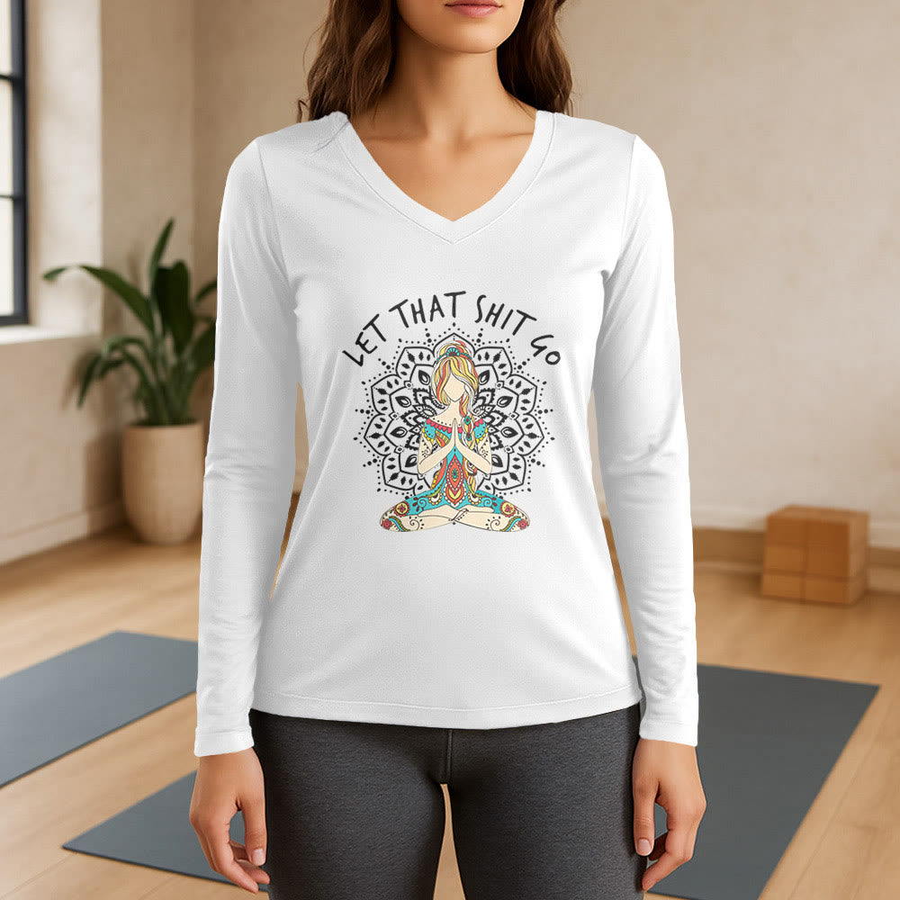 Olivenorma „Let That Shit Go“ Yoga-Meditations-Langarm-T-Shirt mit V-Ausschnitt - Weiß - 3XL - image 7