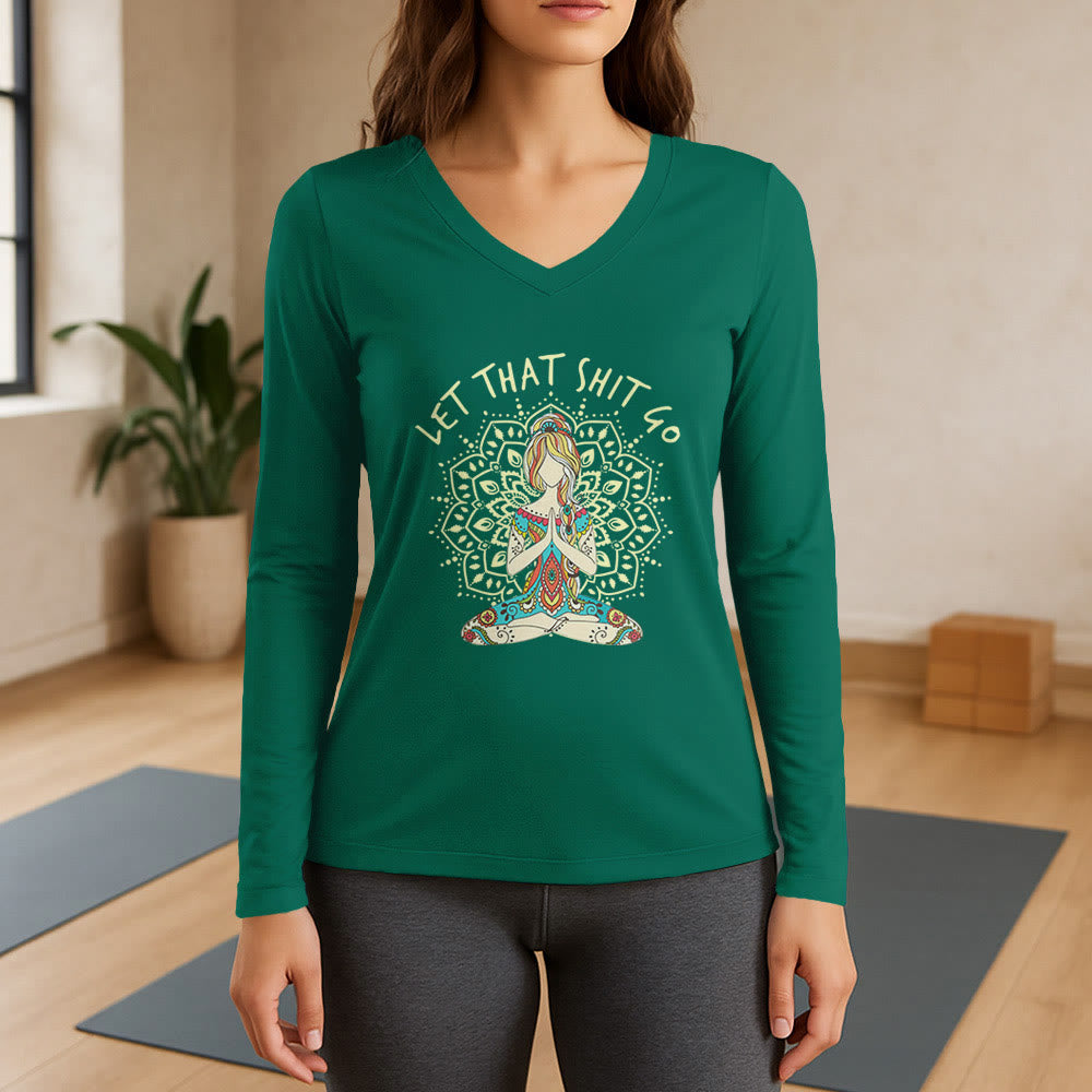 Olivenorma „Let That Shit Go“ Yoga-Meditations-Langarm-T-Shirt mit V-Ausschnitt - Grün - 3XL - image 11