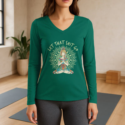 Olivenorma „Let That Shit Go“ Yoga-Meditations-Langarm-T-Shirt mit V-Ausschnitt - Grün - 3XL - image 11