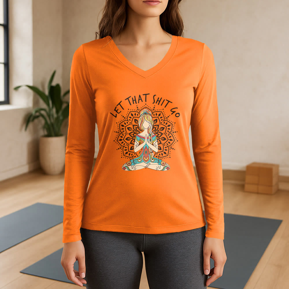 Olivenorma „Let That Shit Go“ Yoga-Meditations-Langarm-T-Shirt mit V-Ausschnitt - Orange - 3XL - image 15