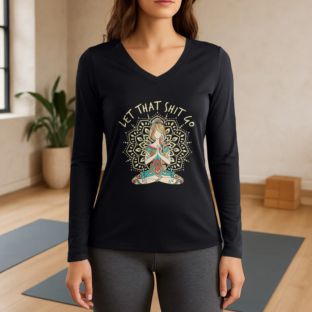 Olivenorma „Let That Shit Go“ Yoga-Meditations-Langarm-T-Shirt mit V-Ausschnitt - Schwarz - 3XL - image 0