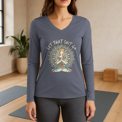 Olivenorma „Let That Shit Go“ Yoga-Meditations-Langarm-T-Shirt mit V-Ausschnitt - Grau - 3XL - image 16