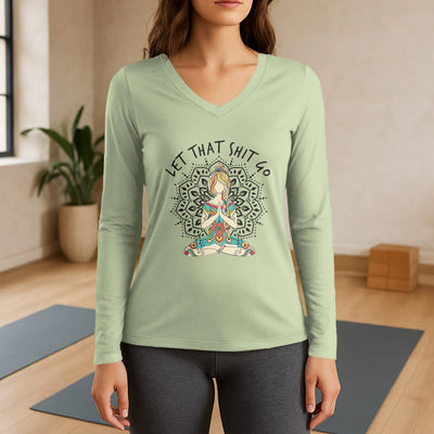 Olivenorma „Let That Shit Go“ Yoga-Meditations-Langarm-T-Shirt mit V-Ausschnitt - Hellgrün - 3XL - image 9