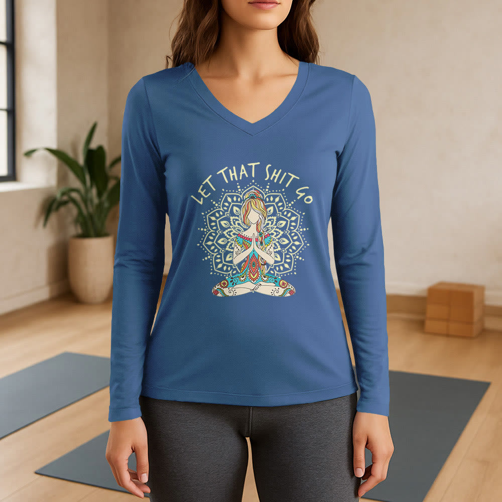 Olivenorma „Let That Shit Go“ Yoga-Meditations-Langarm-T-Shirt mit V-Ausschnitt - Blau - 3XL - image 12